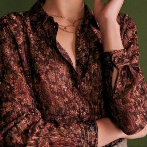 Sezane Ann Blouse in Folk Bordeaux Semi Sheer Burgundy Floral w Gold Threading